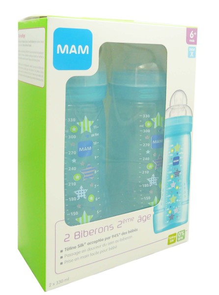 MAM - Biberon Easy active 6+ mois 330 mL Bleu tétine débit X - Mon