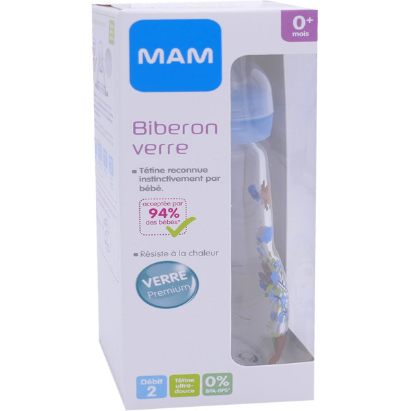 MAM Biberon en Verre Premium 260ml Bonbon - 2 Mois et +, Tétine SkinSoft  Débit 2 Moyen